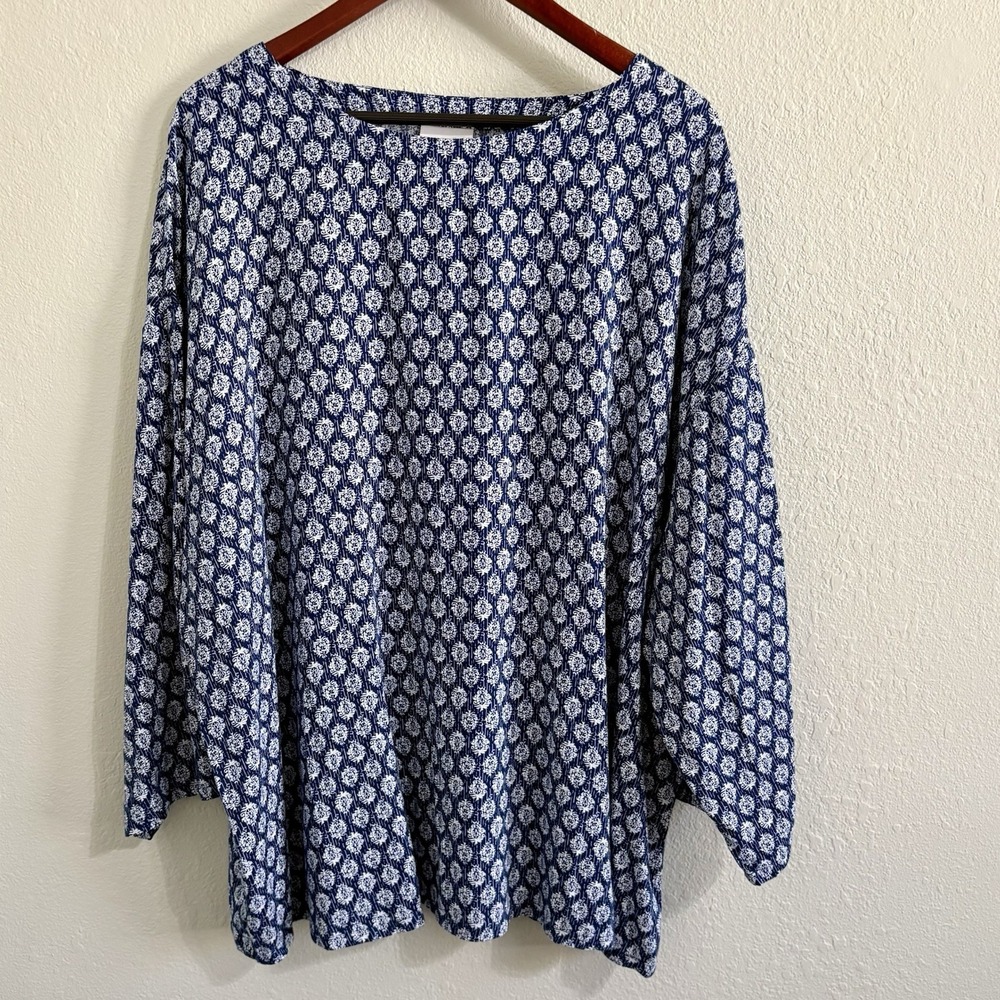 Pure Jill Tagged XL Tall Fits like a 2X Blue White Print Tunic Oversized Boho - Picture 2 of 10